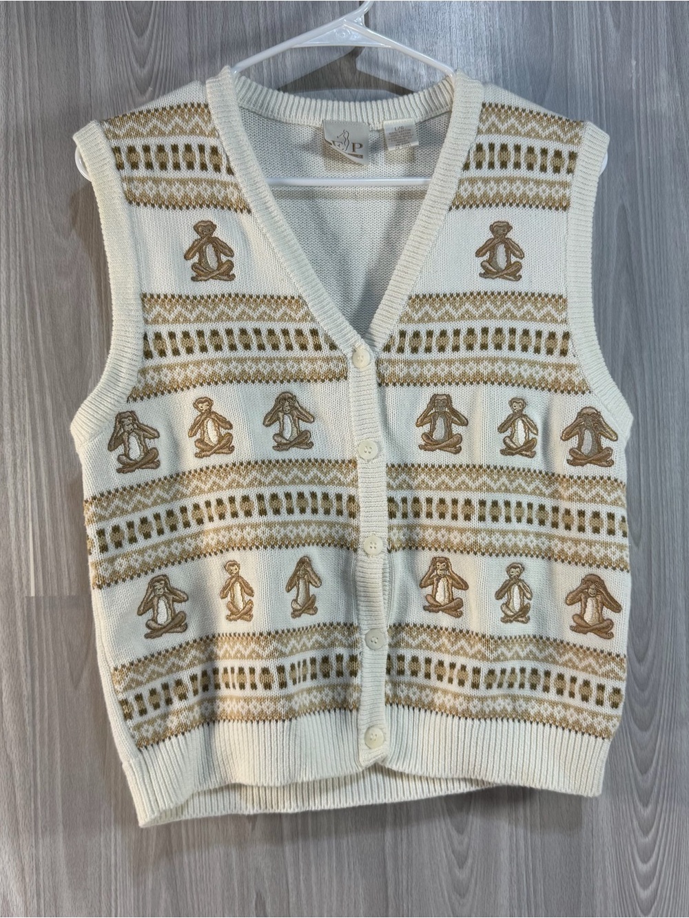 EP Pro Cotton Knit Cream See No Evil Embroidered Monkey Vintage Vest Sz L
Vtg
